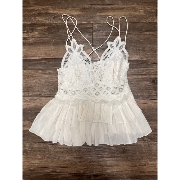 NWT Free People Adella Lace Cami Ivory Boho Peplum Crochet Tank Small Coquette - Picture 4 of 15